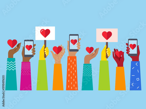 Diverse Hands Holding Hearts and Smartphones - Social Media Love, Community Support, and Charity Concept Illustration
