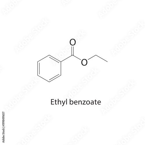 Ethyl benzoate skeletal structure. ester compound schematic illustration. Simple diagram, chemical formula.