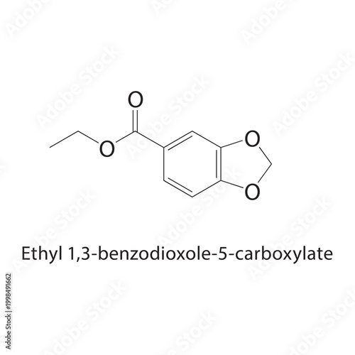 Ethyl 1,3-benzodioxole-5-carboxylate skeletal structure. ester compound schematic illustration. Simple diagram, chemical formula.