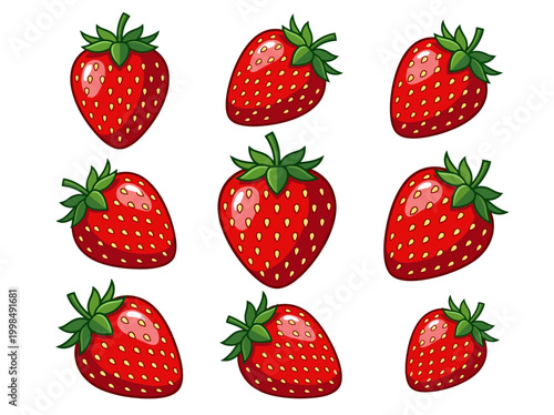 Collection of Cartoon Strawberry Vector Illustrations - Set of Red Fruit Icons Isolated on White for Graphics, Patterns, and Food Design