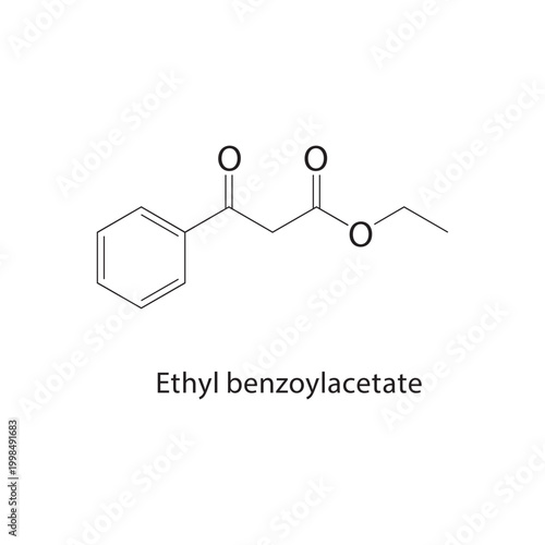 Ethyl benzoylacetate skeletal structure. keto ester compound schematic illustration. Simple diagram, chemical formula.