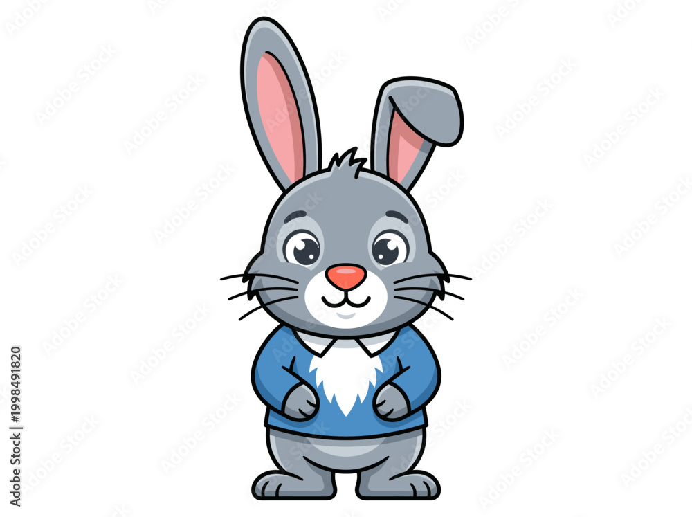 Fototapeta premium Cute Grey Bunny Rabbit Cartoon Character Wearing a Blue Sweater and White Collar. Vector Illustration Mascot Isolated on White.