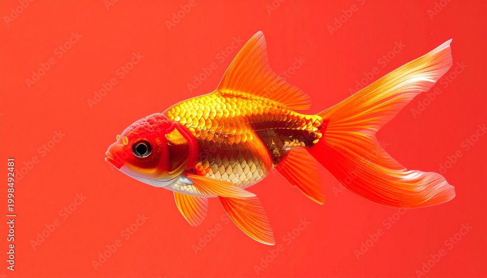 Fototapeta premium Vibrant Orange and Gold Goldfish with Flowing Fins Against a Solid Red Background