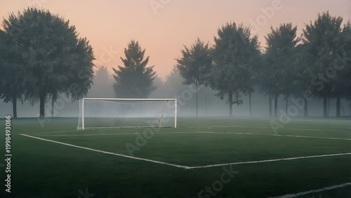Soft fog covering an empty sports field creating a quiet and reflective mood