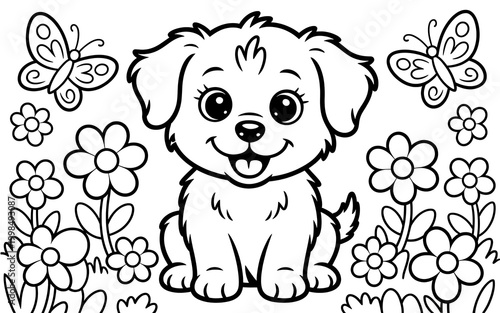 Coloring page of a cute puppy with butterflies and flowers