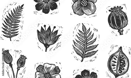 Botanical grunge stamp collection vintage floral prints textured plant impressions