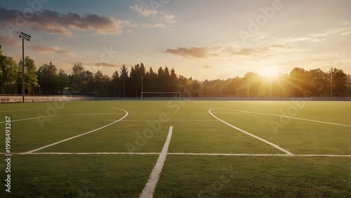 Calm open field with gentle sunrise tones representing harmony and positive social impact of sport.