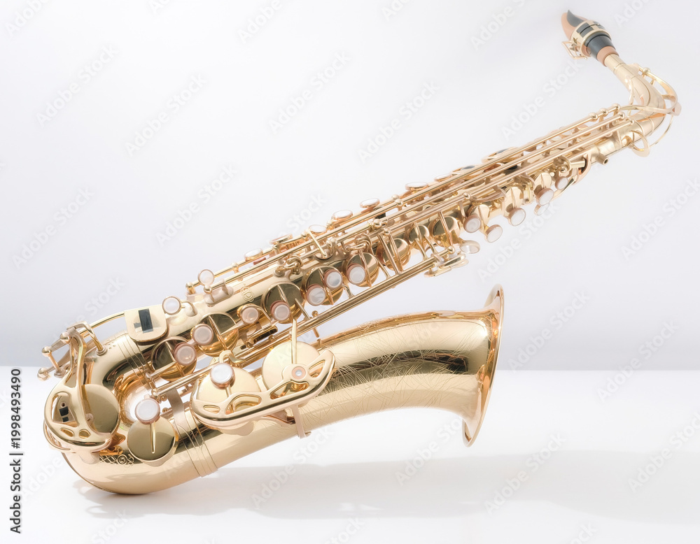 Obraz premium Shiny golden brass alto saxophone isolated on white background