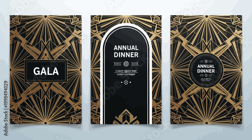 Art deco style gala and annual dinner invitation card templates with gold geometric patterns