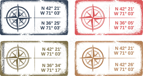 Vintage compass grunge stamp collection distressed nautical directional seals