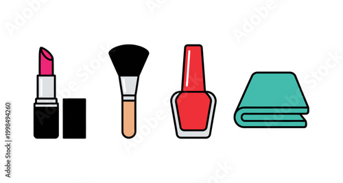 A collection of illustrated cosmetic and personal care items arranged horizontally