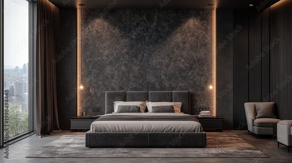 Naklejka premium Modern dark grey luxury bedroom with city view