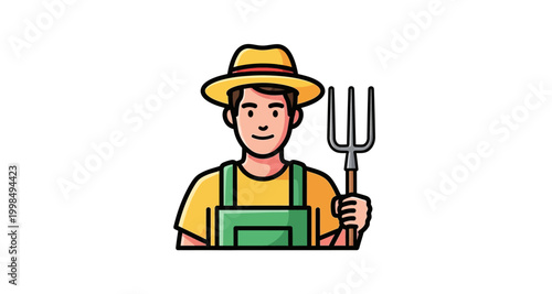 Cartoon illustration of a smiling farmer holding a garden pitchfork
