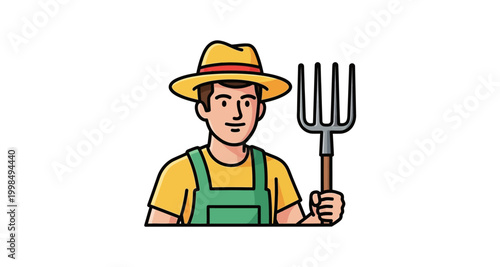 A cartoon illustration depicts a farmer holding a pitchfork and wearing a straw hat
