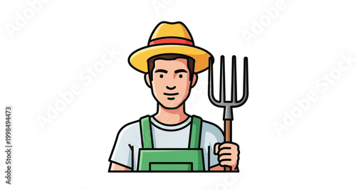 Cartoon illustration of a smiling farmer with a straw hat and pitchfork
