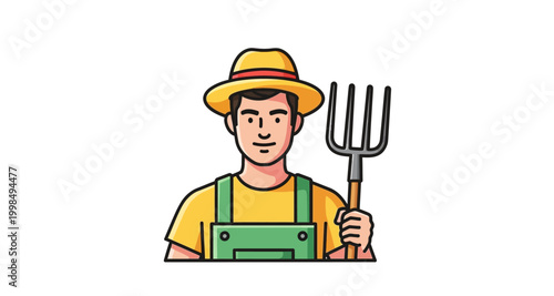 A cartoon illustration depicts a smiling farmer holding a pitchfork