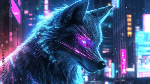 Digital art wolf in neon cityscape