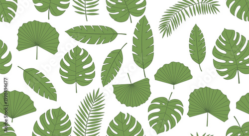 Collection of various green tropical leaves.