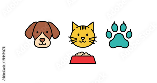 Simple icons depicting a dog cat paw print and a bowl of pet food