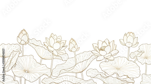 Canvastavla Golden lotus flower and leaf line art illustration