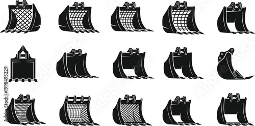 Excavator Bucket Icon Set Featuring Various Heavy Duty Construction Machinery Attachments for Digging and Earthmoving Vector Illustration Collection
