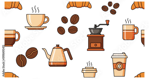A seamless pattern featuring coffee beans cups pots and a hand grinder