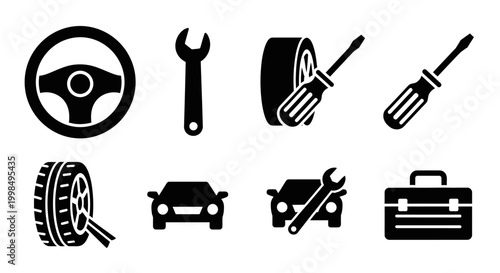 Car repair tools and parts icons.