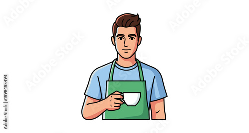 A young barista holds a white cup wearing a green apron and a blue shirt