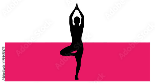 Silhouette of a person performing the tree pose yoga against a colorful gradient background