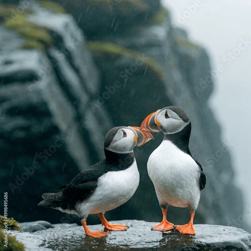 portret puffin interacting on cliff in soft fog, minimal composition



