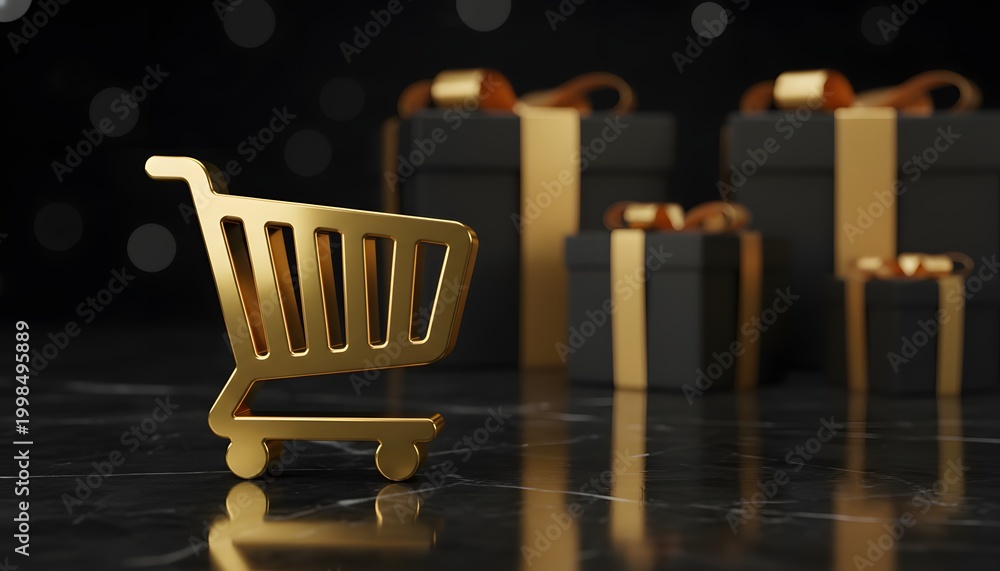 Naklejka premium Golden shopping cart icon standing on black marble with luxury gift boxes in the background for a premium black friday retail promotion and e-commerce sale concept