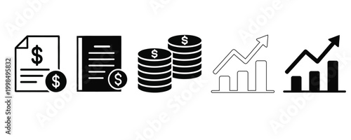 Financial growth and success icons bills savings and increasing charts