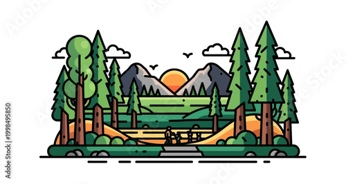 A stylized illustration depicts a scenic mountain landscape with trees and a person