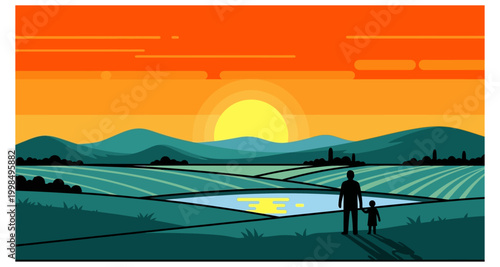 A father and son stand silhouetted before a vibrant sunset over rolling hills