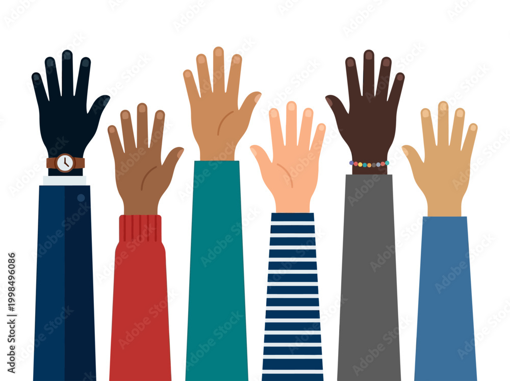Fototapeta premium Diverse Multi-Ethnic Hands Raised for Unity, Inclusion, and Volunteering Concept Vector Illustration