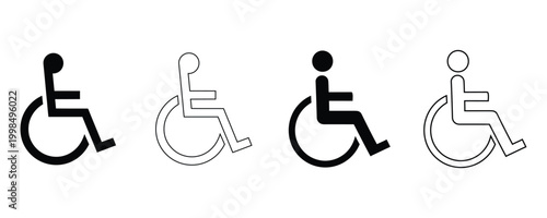 Accessibility symbol variations depicting wheelchair users and accessible facilities