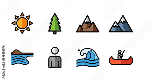 Weather and outdoor activity icons depicting sun mountains water and people