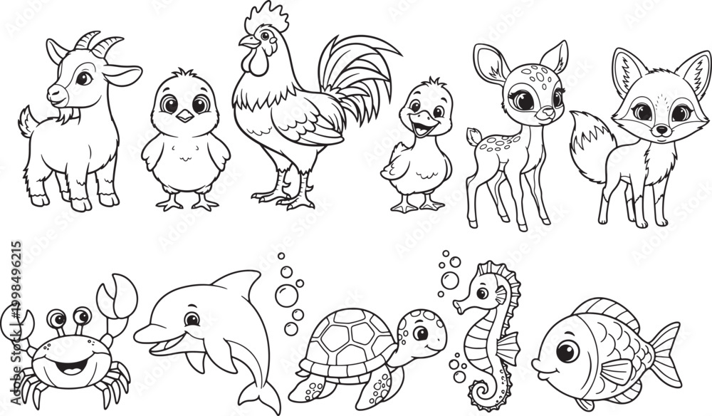 Fototapeta premium black and white cartoon animals for kids coloring book