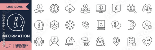 Information line icon set containing help, support, user guide, Editable Stroke