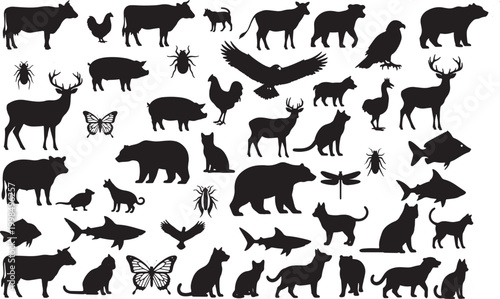black silhouettes of various animals on white background