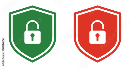 Secure shield lock unlock icon, protection shield symbol with locked and unlocked padlock