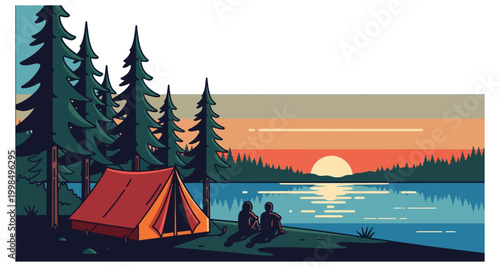 A peaceful illustration depicts a camping scene with a tent and two people by a lake