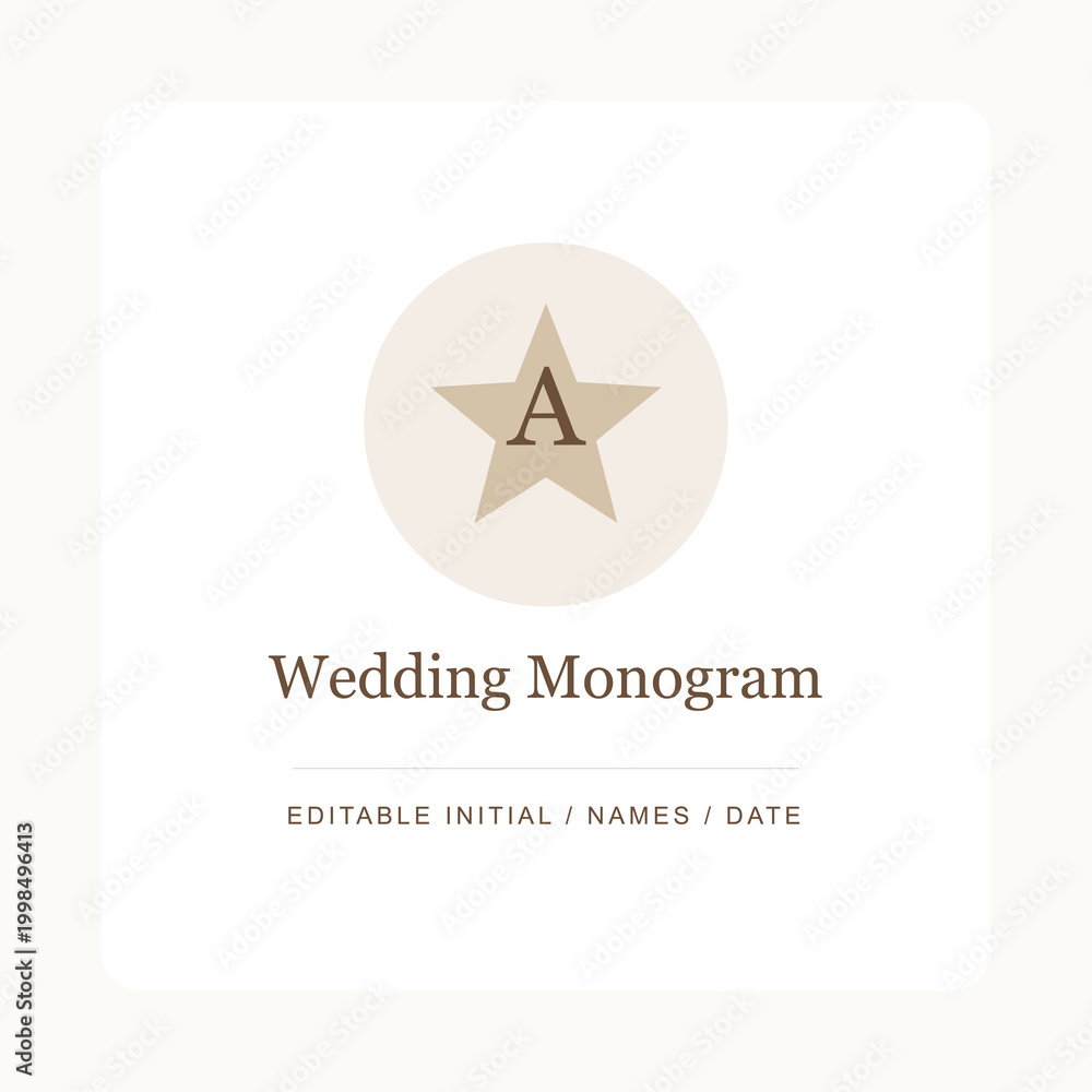 Fototapeta premium Minimalist Wedding Monogram Logo with Editable Star Initial; Elegant Beige Circular Emblem for Invitations and Branding Design