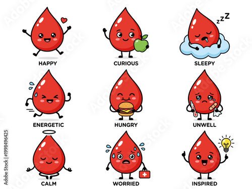Cute Cartoon Blood Drop Character Set with Different Emotions and Activities for Health and Medical Education