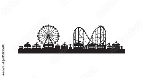 Amusement park skyline silhouette with ferris wheel and roller coaster carnival attractions isolated on white background.