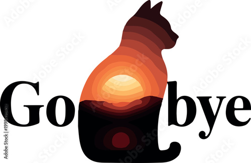 Cat silhouette with sunset landscape and goodbye text