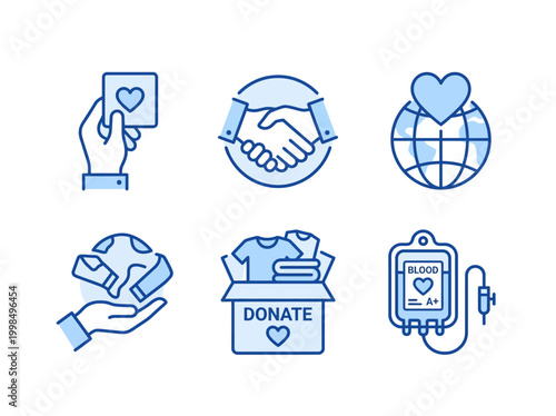 Charity and Donation Blue Icon Set: Blood Donation, Clothes Drive, Global Support, Partnership, and Volunteering Symbols for Nonprofits