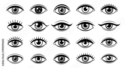A collection of stylized human eyes with various shapes, eyelashes, and pupil designs, presented in a grid format, suitable for graphic design.