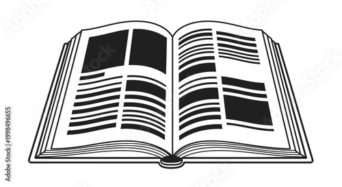 Black and white line art illustration of an open book with text and images on its pages, viewed from above.