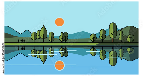 A serene landscape depicts silhouetted figures by a calm lake at sunset